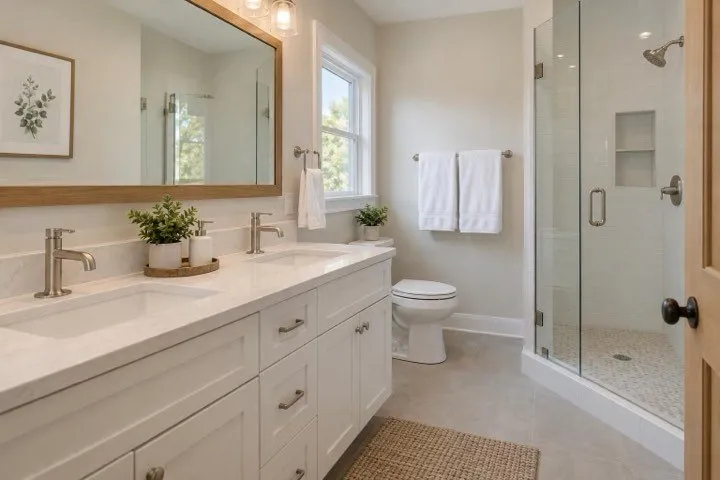 A clean bathroom with a white double vanity, a wood-framed mirror and a glass shower